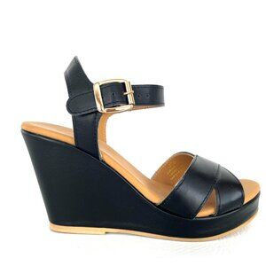 Garnet Hill Catarina Black Italian Leather Platform Wedge Sandal NEW w Box NWT 6